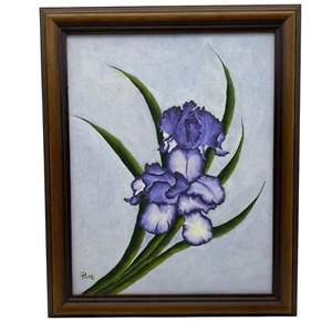 Quadro acrilico vintage Iris Pixie B viola fiori bianchi incorniciato floreale - Foto 1 di 10