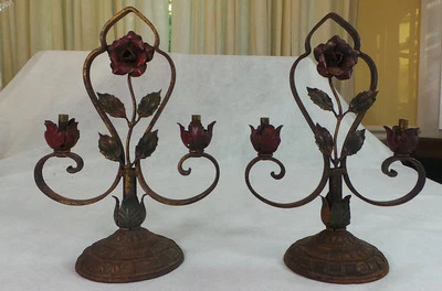 ANTIGUO HIERRO FORJADO L.D.B. & CO. PAR DE LÁMPARAS DISEÑO ROSA AÑOS 20 Foto 1 de 4