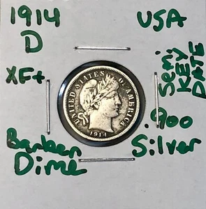 1914-D Barber Dime - XF Details - .900 Silver US Coin - A Bit Prooflike Shine - Picture 1 of 7