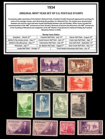 1934 YEAR SET OF MINT -MNH- VINTAGE U.S. POSTAGE STAMPS Cover
