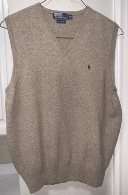 Polo Ralph Lauren Masculino Bege Decote V Suéter Colete Lã de Cordeiro Tamanho XXL - Imagem 1 de 4