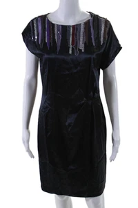 Mint Womens Silk Sequined Knee Length Short Sleeves Dress Midnight Blue Size 6 - Picture 1 of 7