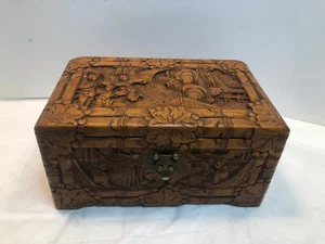 Joyero de madera tallada a mano chino vintage asiático Hung Hop Hong Kong 12" - Imagen 1 de 13