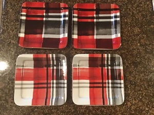 Ciroa Set of 4 Square Tid Bit Appetizer Plates Red Plaid Celebrate Christmas NEW - Picture 1 of 6