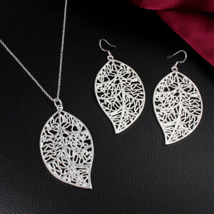 Charms 925 sterling Silver Pretty leaves necklace earrings for woman Jewelry Set