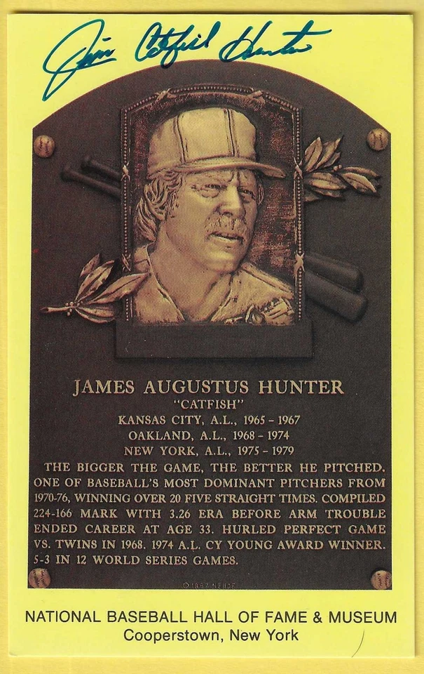 Jim Catfish Hunter HOF Plaque/Postcard HOF Autograph JSA - Image 1 of 1