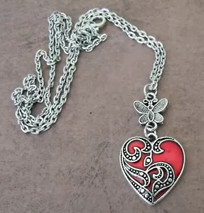 NUEVO Collar Corazón Esmalte Rojo Día de San Valentín con Cadena de 19 pulgadas de Mariposa - Imagen 1 de 9