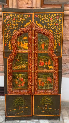 Wooden door antique painted lord Krishna heavy frame religious Indian old doors Cover