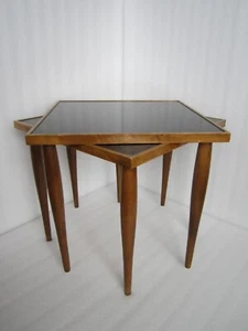 PAIR OF VTG MID-CENTURY MODERN TEAK GREEN FOILED GLASS TOP STACKING END TABLES - Picture 1 of 22