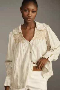Pilcro Long-Sleeve Victorian Buttondown Blouse Color Neutral Motif Size XL - Picture 1 of 4