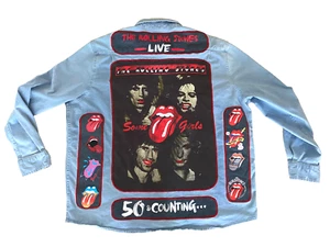 Wrangler + ROLLING STONES Denim Patchwork Shirt Men's 3XL Upcycled Old T-Shirts - Picture 1 of 12