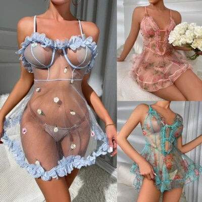 Sexy Lencería Ver a Través Para Mujer Encaje Transparente Babydoll Prendas para Dormir Vestido Foto 1 de 4