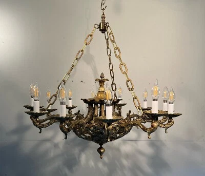 Antique Vintage Dore Bronze Chandelier Grand French Ornate 12 LT Flowers Chains - Image 1 of 4