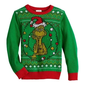 Kids Dr. Seuss The Grinch Christmas Sweater Shirt Top Boys 4 5 6 8 Holiday NWT - Picture 1 of 2