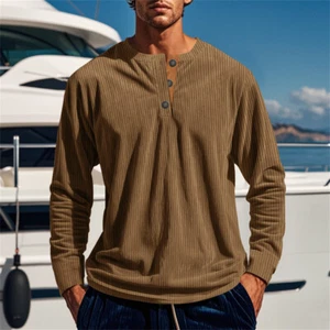 New Men's Casual Long Sleeve Base Shirt, Long Sleeve Slim Corduroy Henry Shirt - Picture 1 of 29