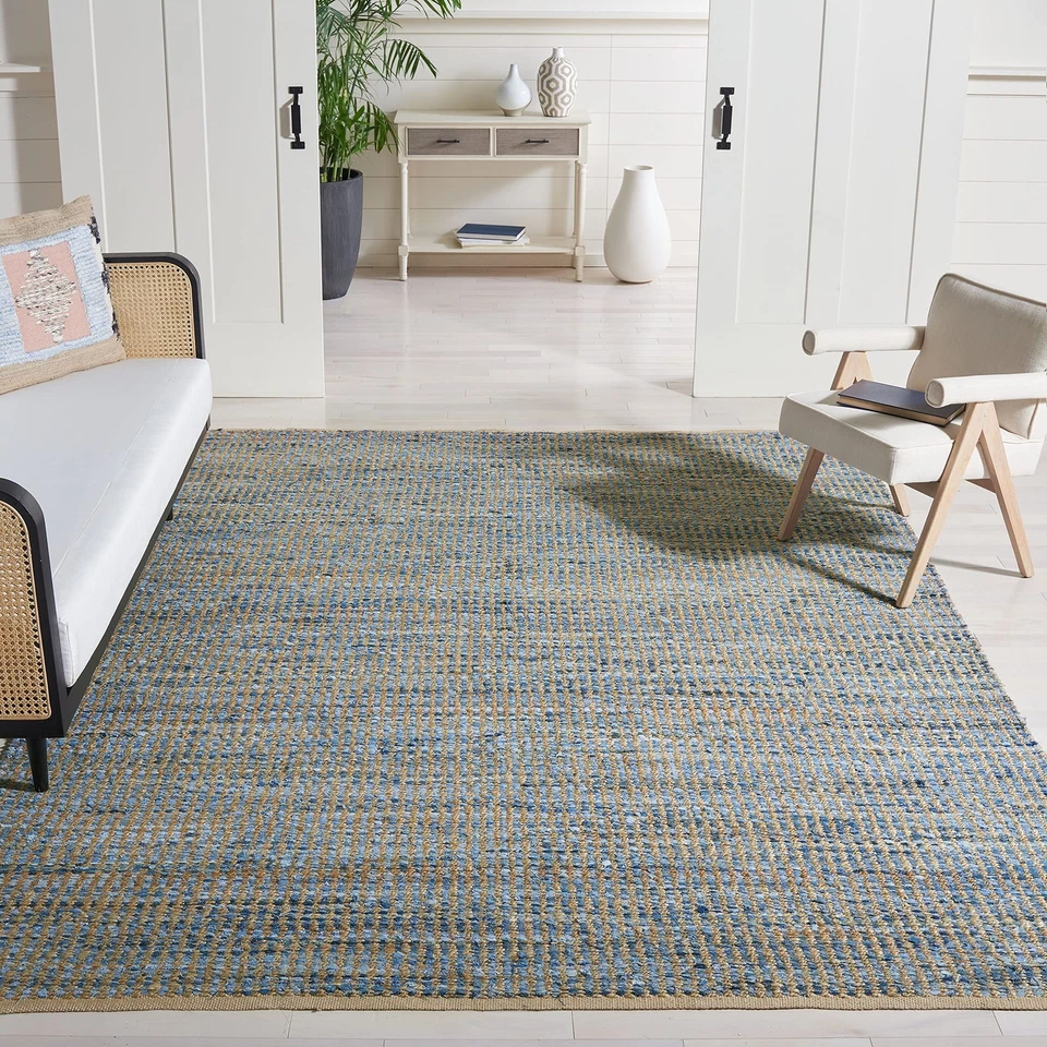 Cape Cod Collection Area Rug - 5' x 8', Natural & Blue, Handmade Flat Weave C... - Image 1 of 4