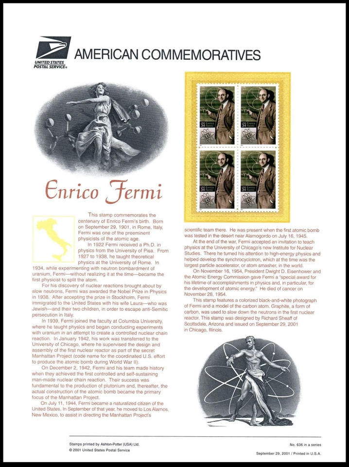 2001 Enrico Fermi physicists Nobel CP633 commemorative panel 636 MNH Sc 3533 - Image 1 of 1