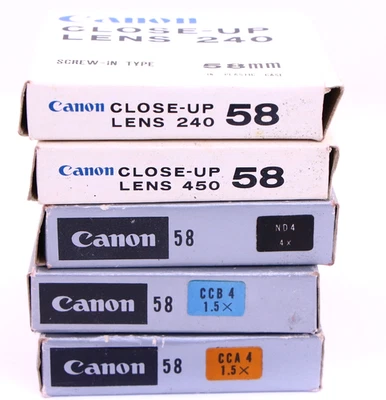 Lot 5 Canon 58mm Filters ND/CCA4/CCB4/Close-up Lens 240/450 for FL 55/1.2 85/1.8 - Image 1 of 4