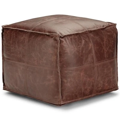 Simpli Home Sheffield Boho Square Pouf in Brown Genuine Leather - Image 1 of 4