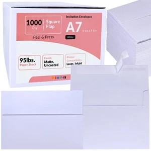 1000 Pcs White A7 Invitation Envelopes 5 1/4 x 7 1/4 Square Flap Envelopes Se... - Picture 1 of 9