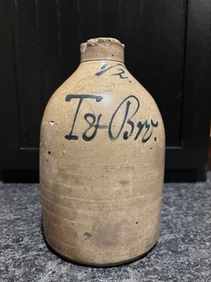 Antique 1/2 Gal T & Bros Blue Cobalt Stoneware Jug; Union Pottery Newark NJ - Image 1 of 4
