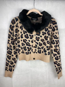 Collectif Pietra Cardigan UK 10 / S beige leopard print fur collar 1950s retro - Picture 1 of 9