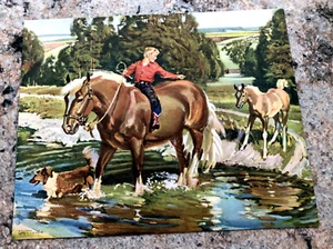 ORIGINAL VINTAGE KALENDER DRUCK 40ER JAHRE LITHOGRAPHIE JUNGE, PFERD, HUND, FOHLENGSTFOHLEN 8''x 10'' - Bild 1 von 4