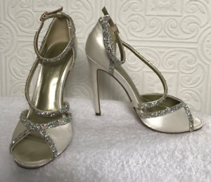 Asos Cream Satin Heeled Sandals with Diamante Trim Size 5