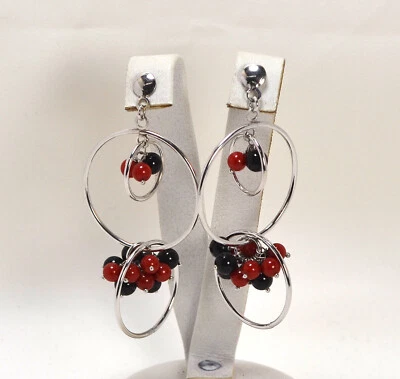 ORECCHINI  ARGENTO 925 RODIATO CERCHI  ONICE CORALLO ROSSO             AGHT 0513 - Immagine 1 di 3