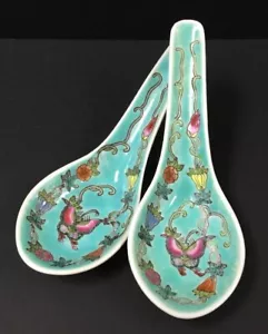 Mazuma *A125 China JingDeZhen Vintage Porcelain Green Butterfly 5" Spoon * 2pc - Picture 1 of 2