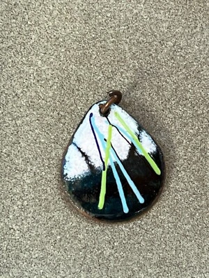 Vintage White & Navy Blue Enamel w Light Blue & Green Stripes Copper Teardrop - Image 1 of 4