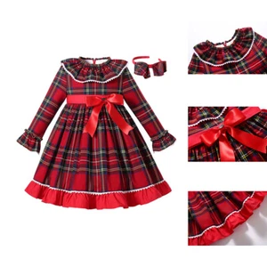 Kids Christmas Dress Party Clothes For Girls Check Autumn Long Sleeve + Headband - Picture 1 of 12