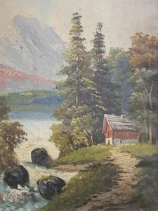 Antique Oil On Canvas Signed Karossi Of Cottage Nature and Mountain View Framed - Picture 1 of 3