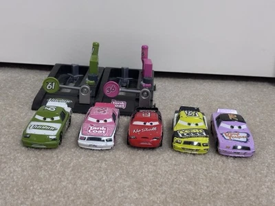 Disney Pixar Cars Lot 5 Racers w/ 2 Launchers Vitoline Tank Coat Leak Less - Image 1 of 4