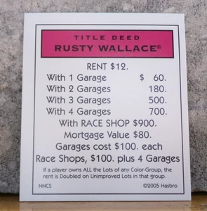TARJETA DE TÍTULO DE LA SERIE MONOPOLY NASCAR NEXTEL CUP ROSA OXIDADO WALLACE - Imagen 1 de 2