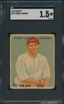 Goudey Baseball 1933 #107 Heinie Manush SGC 1,5 Fair Hof Foto 1 de 2