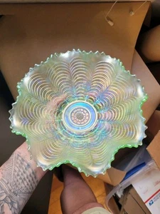 Pretty Ice Green Northwood Carnival Glass Nippon Pattern Ruffled Bowl Seam Imp - Picture 1 of 16