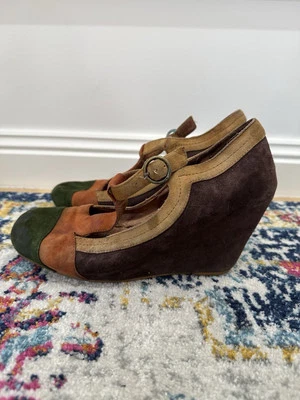 Jeffrey Campbell Handmade Ibiza Suede T Bar Mary Jane Wedge Heels US 8.5 Y2K - image 1 of 4