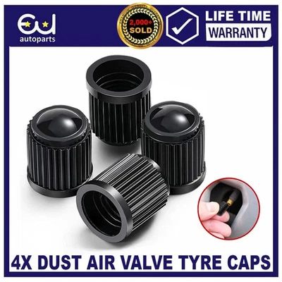 4x DUST AIR VALVE TYRE CAPS BLACK PLASTIC COVERS CAR BIKE WHEEL & MOTORBIKE NEW - Image 1 of 4