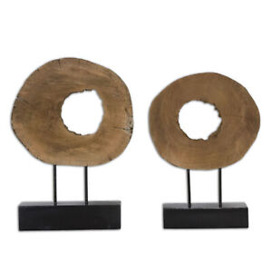 Natural Wood Slice Modern Sculpture Set 2 Abstract Organic Round Live Edge