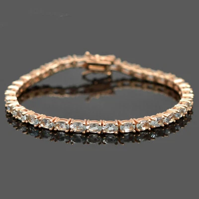 Теннисный браслет из серебра 925 пробы с покрытием из розового золота 14 карат с натуральным аквамарином - Изображение 1 из 4