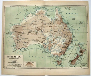 Australia & New Zealand - Original 1874 Hydro-Orographic Map by Meyers. - Picture 1 of 3