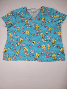 Looney Tunes Scrub Top Woman 2X Double XL XXL Aqua Tweety Bird Yellow Pink - Picture 1 of 10