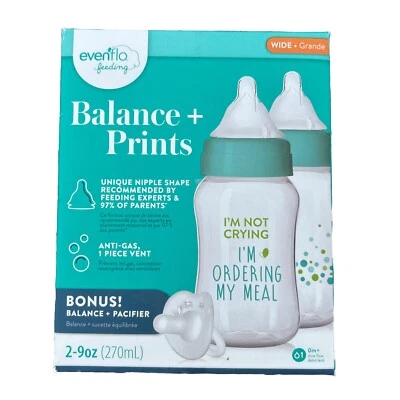 Evenflo Balance + Prints Wide Neck BPA-Free 9 oz Baby Bottles  2-Pack Open Box - Image 1 of 4