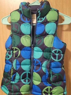 Chaleco acolchado antiguo azul marino para niñas verde y azul con signos de paz ~ talla M Foto 1 de 3