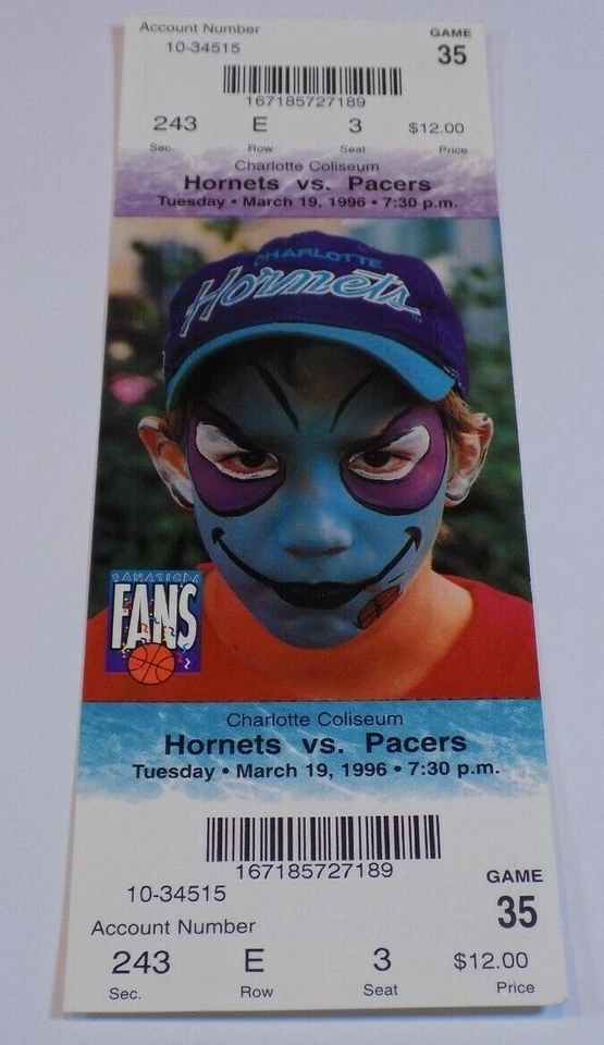 Charlotte Hornets Indiana Pacers Ticket Stub #3 3/19/96 Reggie Miller Glen Rice - Image 1 of 1