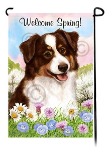 Welcome Spring Garden Flag - Red Tri Australian Shepherd - Picture 1 of 1