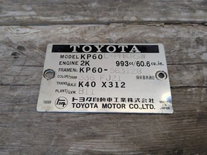 Toyota Starlet KP60 Genuine Engine Bay / Chassis Stamp / Label - Imagen 1 de 3