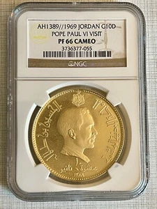 Jordan 1969 (AH1389) Pope Paul Vi Visit 10 Dinars Gold NGC PF66 CAMEO Sku#3365 - Picture 1 of 2