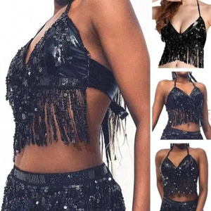 Sequin Tassel Show Costumes Performance Top Belly Dance Bra Halter Bra - Picture 1 of 20